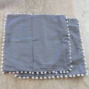 2 Pillow Covers only 16x16 Farmhouse Stripe Pillows Navy Blue white with Pom Pom